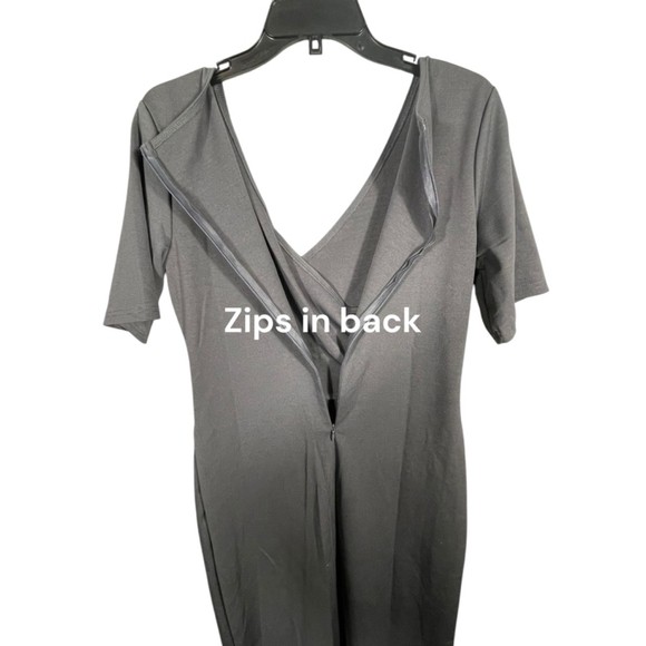 Size M gray dress short sleeve asymmetrical hem gold buttons stretchy vneck midi - Picture 4 of 8